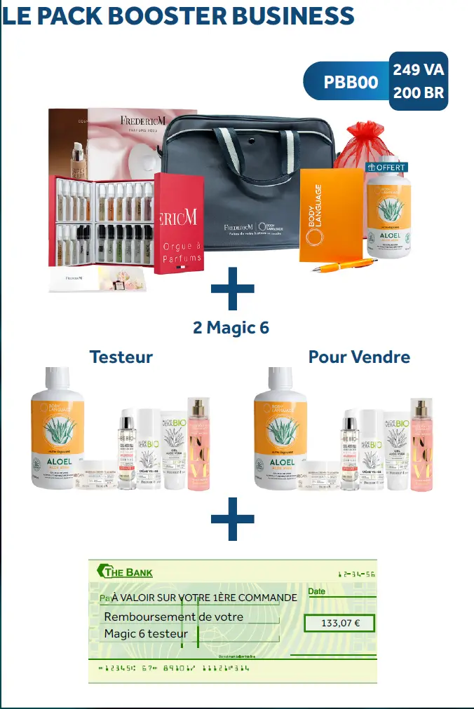 Pack Booster Business Frédéric M avec orgue à parfums, sac, cahier Body Language, Aloel offert, deux Magic 6 et bon de remboursement