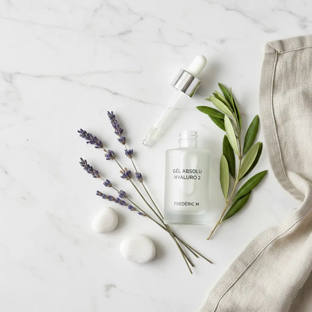 Composition de beauté bio accessible avec une crème de luxe français Frederic M et une branche de lavande sur fond de marbre