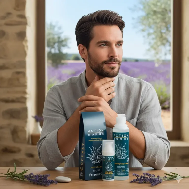 Homme souriant et confiant avec les produits Frederic M Action Homme, soins visage et corps bio, avec un fond provençal de lavande
