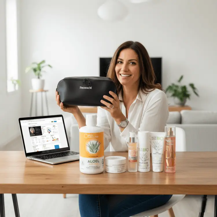 Guide 2025 pour devenir distributeur Frederic M, avec une femme souriante travaillant sur son ordinateur à côté du Kit Magic 6.