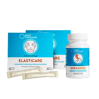 Les deux produits du programme Body Glow Frederic M, Elasticare et Keragenic, pour la peau et les cheveux.