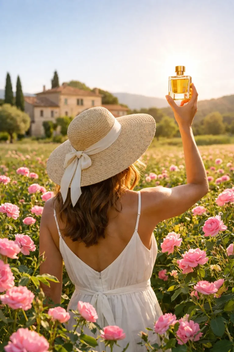 Devenir VDI Parfums de Grasse : Flacon de parfum authentique dans un champ de roses Frederic M