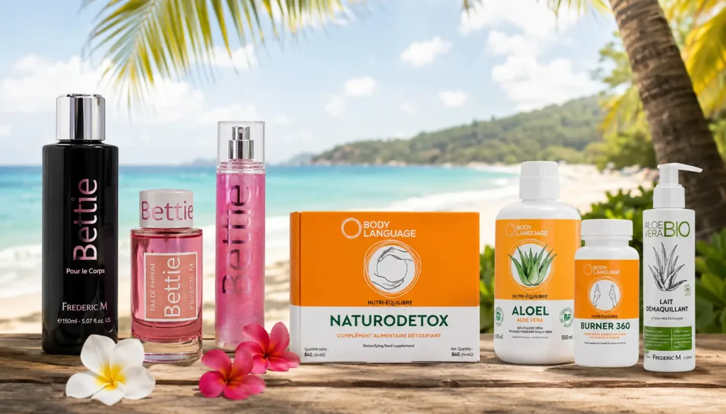 VDI Frédéric M Guadeloupe : Comment lancer une activité beauté rentable depuis les Antilles ? 2 Produits Frédéric M et Body Language présentés sur une plage tropicale pour illustrer une activité VDI beauté rentable en Guadeloupe.